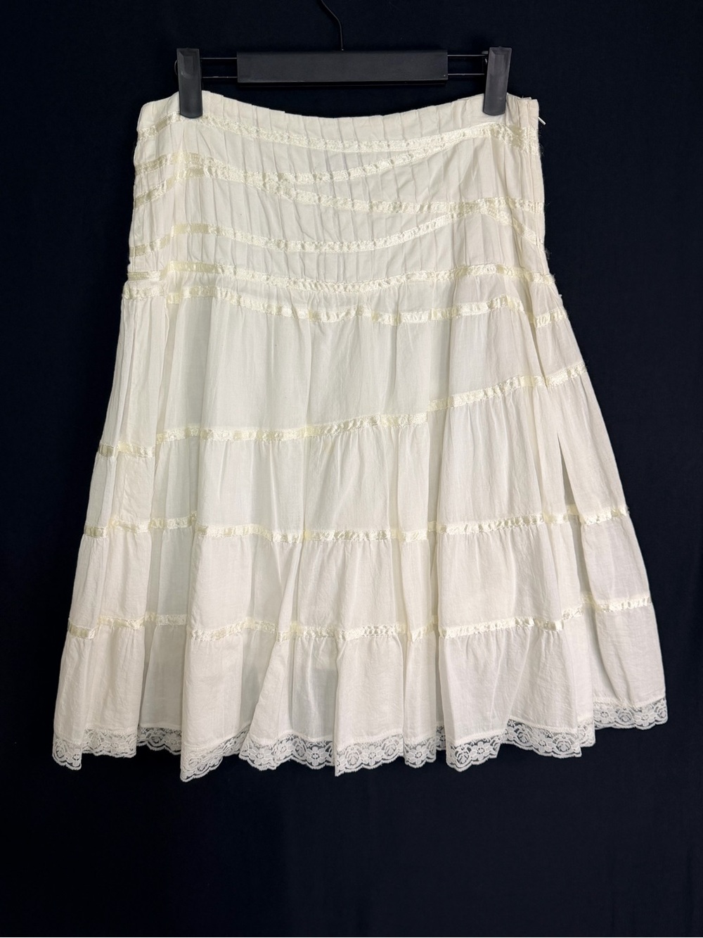Indian Summer Skirt Cream Tiered Lace-Trim Midi cotton Zip up boho hippie fairy